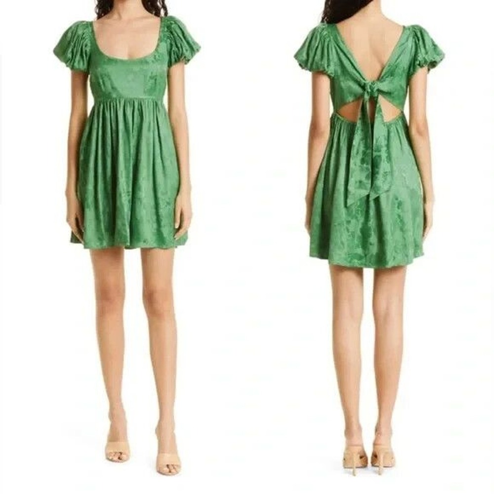 byTiMo Dress Women L Green‎ Jacquard Mini Open Back Milkmaid Puff Slv Party NWT